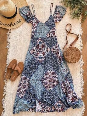 Boho Patchwork Maxi Dress Blue Floral Flutter Sleeve Cottagecore Festival